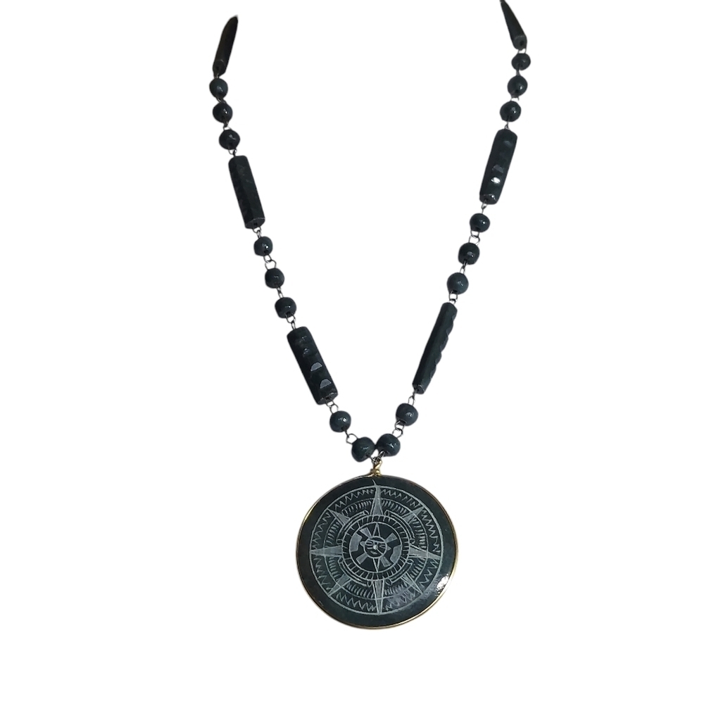 Mayan Sundial Green Dyed Alabaster Medallion Sculpted bars and round beads